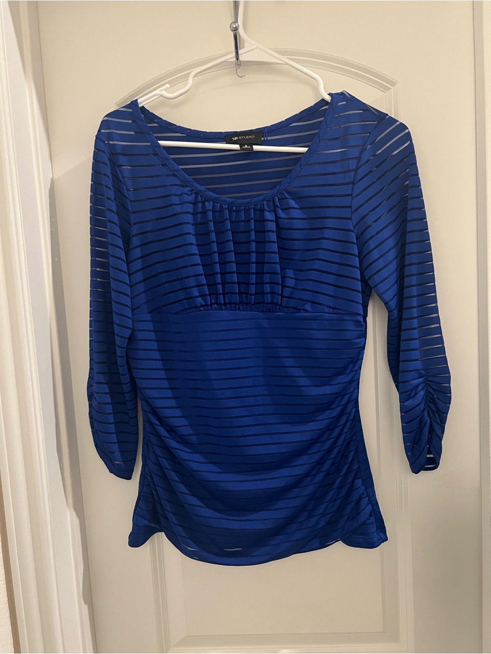 AB Studio Blue Striped Sheer Ruched Top Size S